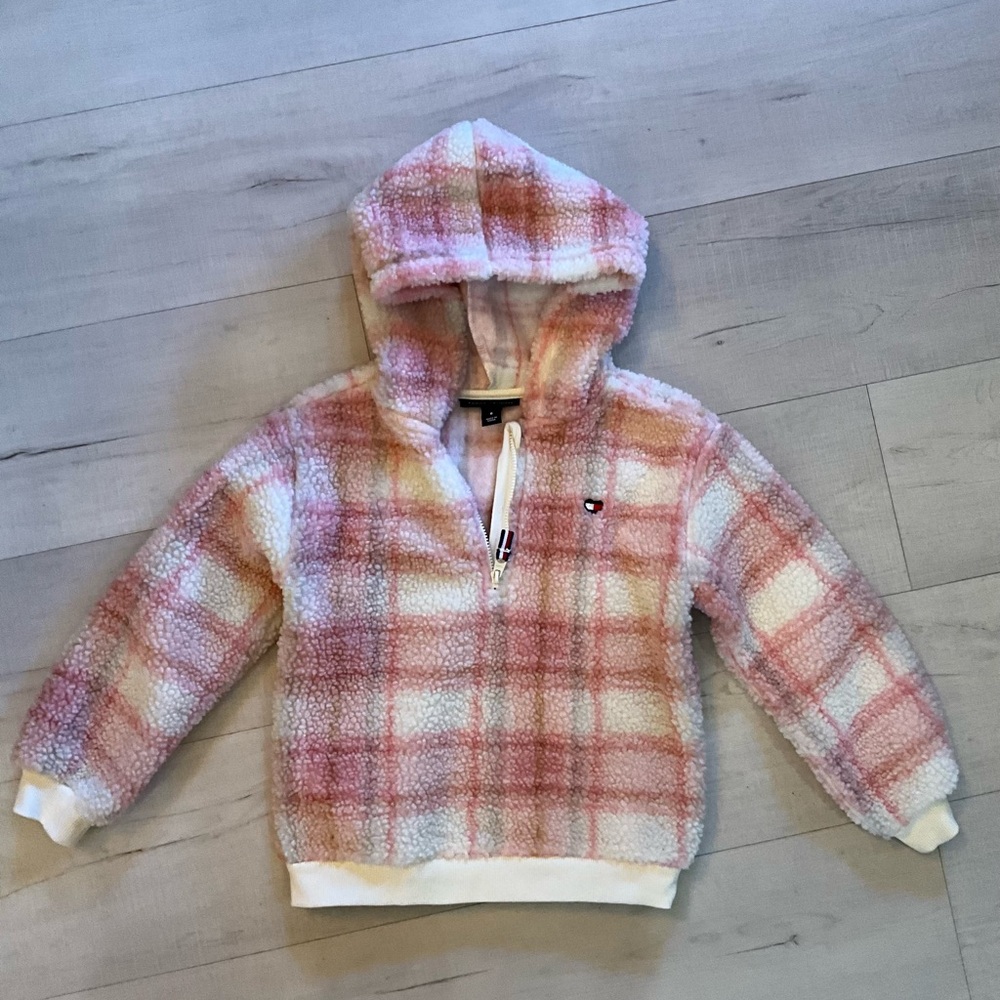 Kids Tommy Hilfiger Plaid Hooded Semi-Zip Sherpa Pullover Size 6